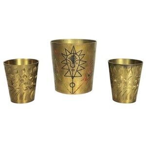 Vintage MCM Gold Brass Hand Engraved Juice Water Cup & Etched Shot Glasses Set